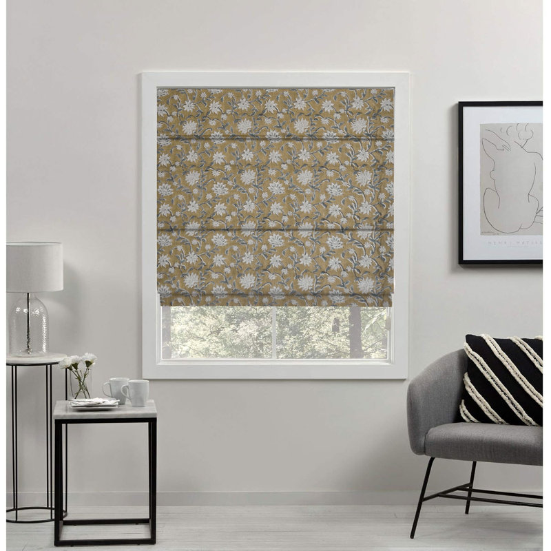 Fabdivine Floral Hand Block Print Thick Linen Roman Shade for Windows, French Doors, Green or Gray 100% Blackout Room Darkening Soft Cozy Fabric, Roll Up Blinds for Door, Aradhana