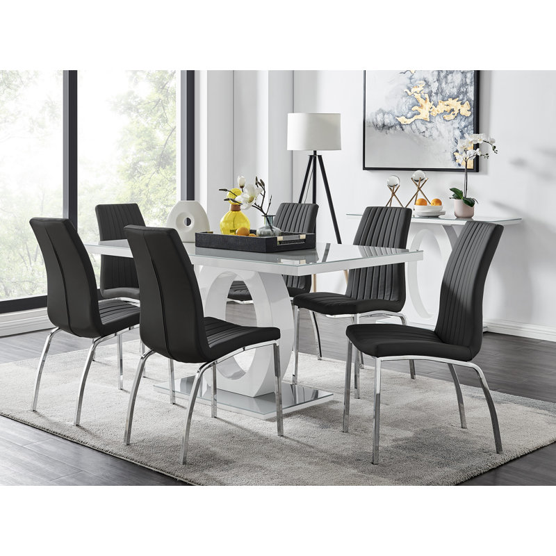 Scottsmoor Modern High Gloss Halo 6 Seater Dining Table Set with Luxury Faux Leather Dining Chairs, Black, Gray
