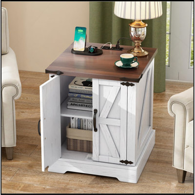 Farmhouse End Table with Charging Station, Rustic Wood Nightstand with Adjustable Shelf, 19.6"W Versatile Walnut Side Table with Barn Doors & Retro Hinges for Living Room, Grey
