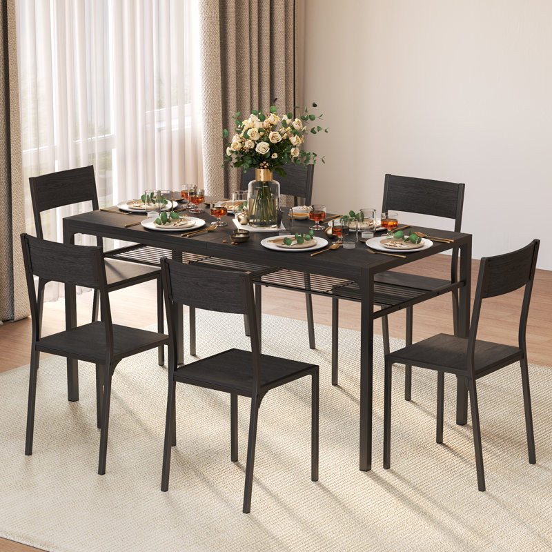 7-Piece 6-Person Rectangular Dining Set with Under-Table Storage and Tuck-Under Chairs, Black, Black