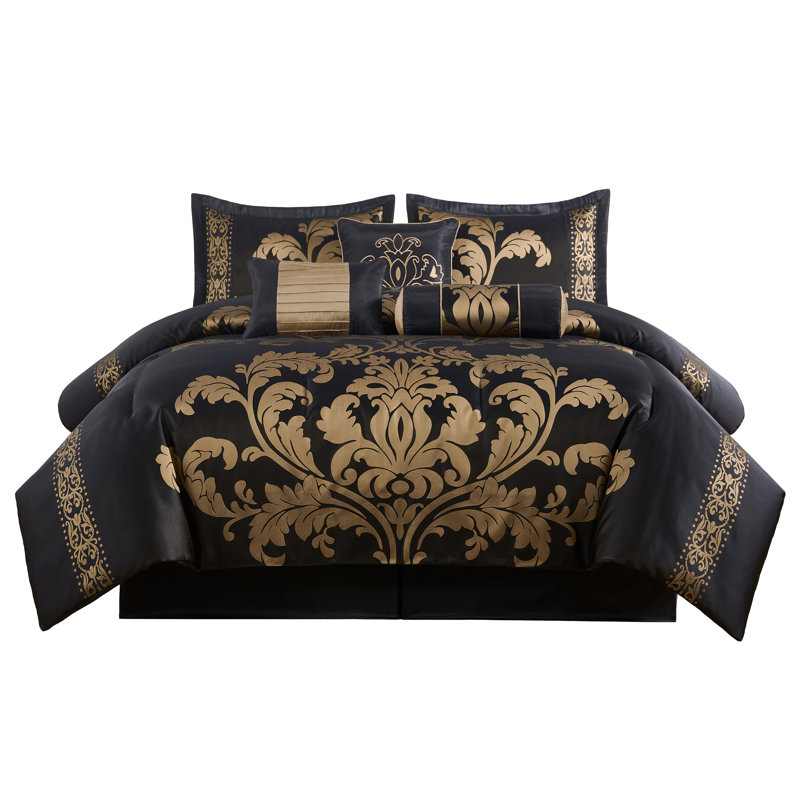 Royale Jacquard Floral 7 Piece Comforter Set, California King Comforter + 6 Additional Pieces, Black/Gold