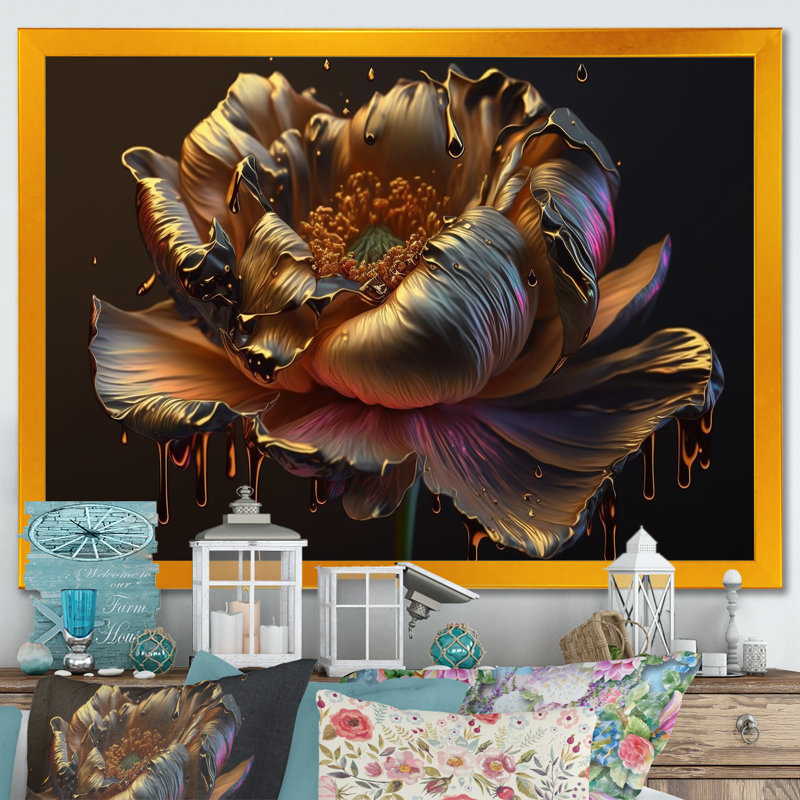 Pivoine arc-en-ciel liquide or I - reproduction sur toile, H 12 po x l 20 po x P 1 po, Cadre doré simple