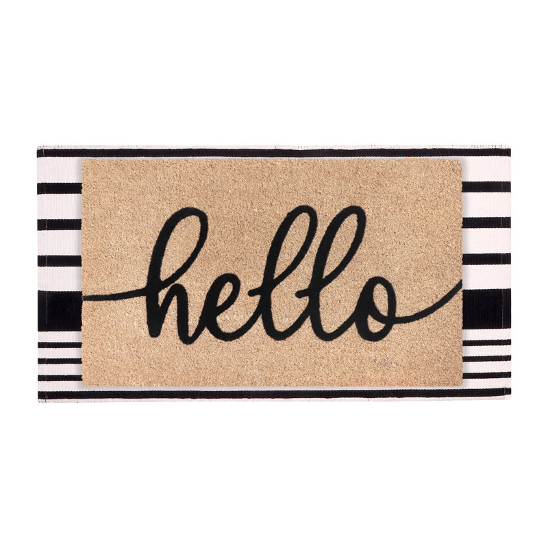 Ensemble de tapis de bienvenue 100% fibre de coco rayé noir et blanc - motif noir Hello, 24 po x 36 po et 24 po x 51 po, support en PVC antidérapant robuste 