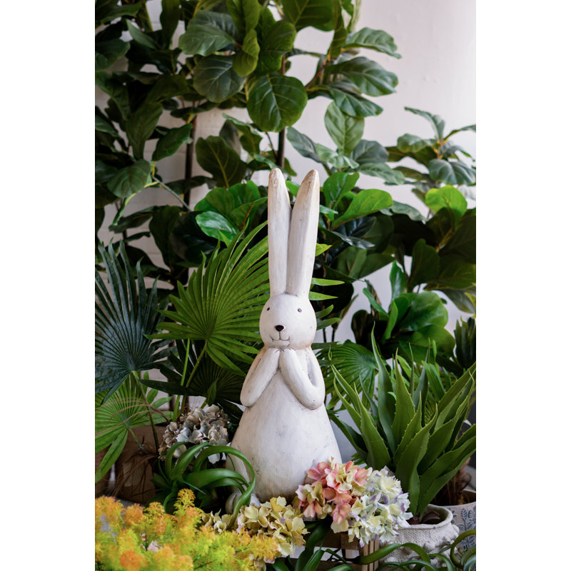 Textured White Magnesium Bunny Rabbit with Subtle Gold Details, 27.4" H x 9.4" W x 9.4" D