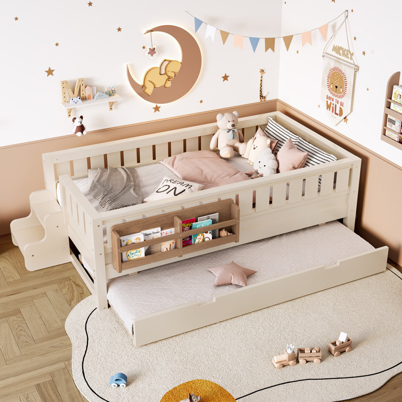 Lit mezzanine simple avec bibliothèque intégrée, petit escalier, rails de sécurité et lit gigogne pour enfants, beige, Beige