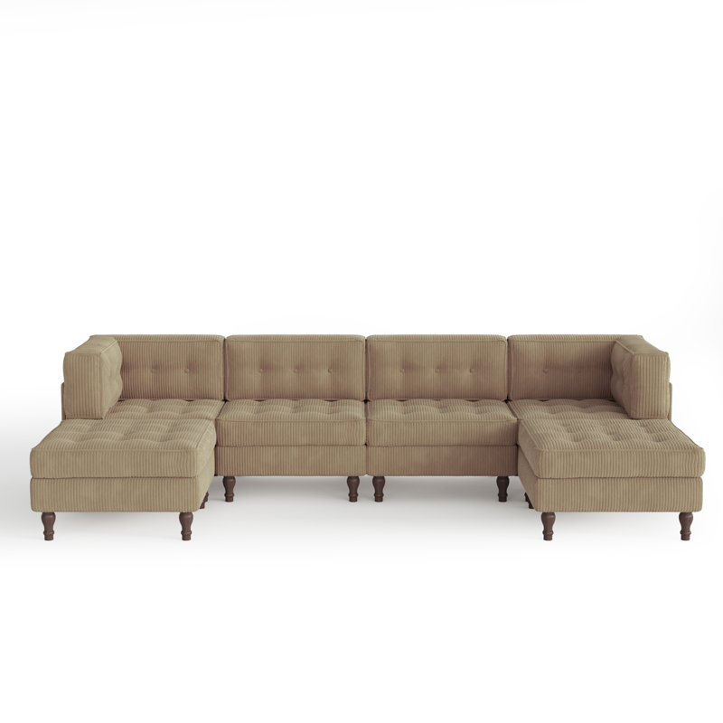 6 - Piece Upholstered Camel Tufted Corduroy Modular Sectional with Pillow Back and Two Removable Flip-Tray Top Storage Ottoman