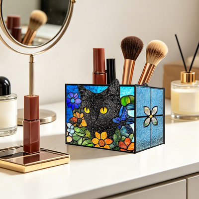Stained Glass Style DualCompartment Pen HolderAssorted Patterns Desktop Storage Caddy For Pens Makeup Brushes Office Cosmetic Table Organizer