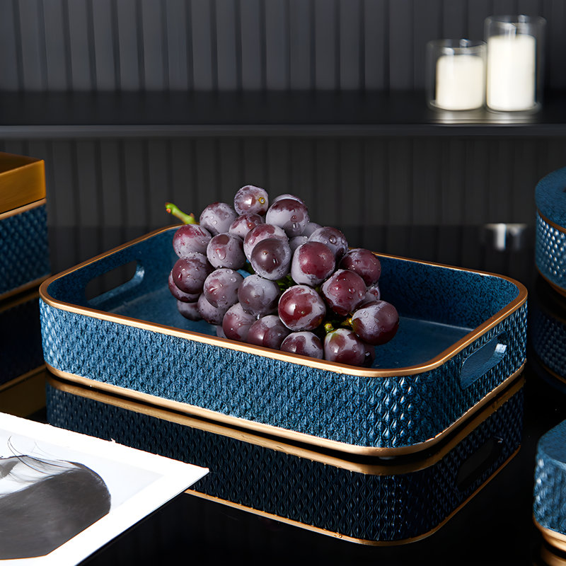 Light Luxury Deep Blue-Plated Resin Tray | Minimalist Rectangular Fruit Tray | Living Room And Dining Room Storage Tea Tray