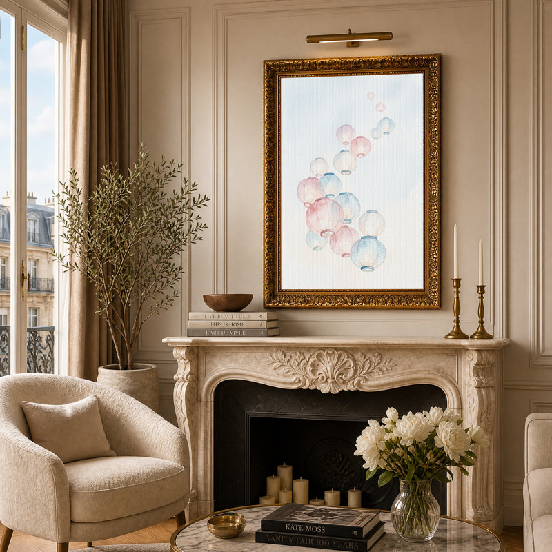 «Floating Pink and Blue Paper Lanterns», art mural sur toile, H 24 po x l 16 po