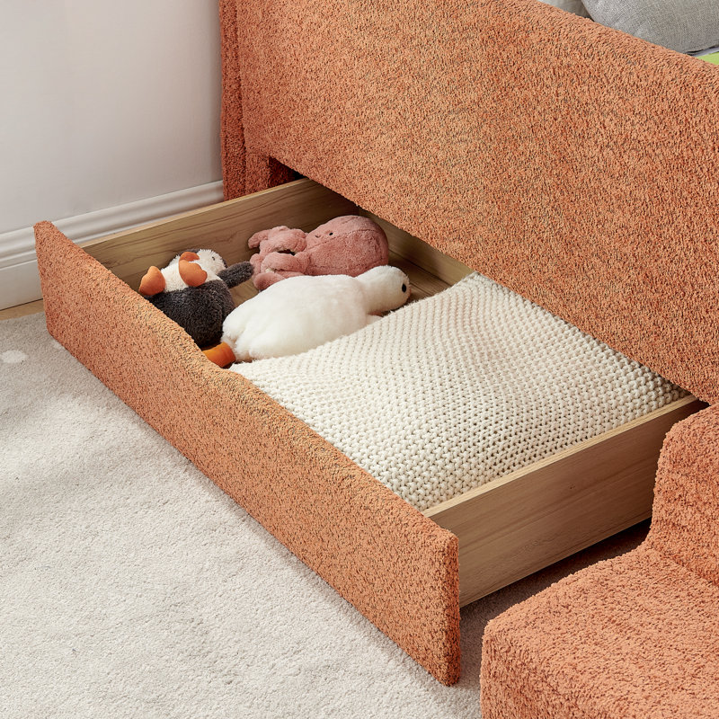 Lit simple pour enfant avec garde-corps, tabouret de rangement et marchepied, cadre de lit multifonctionnel, tissu bouclé