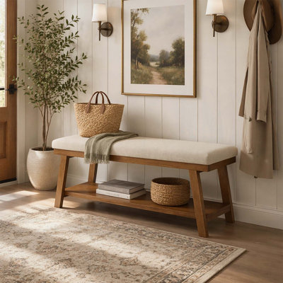 Upholstered Bench with Storage Shelf