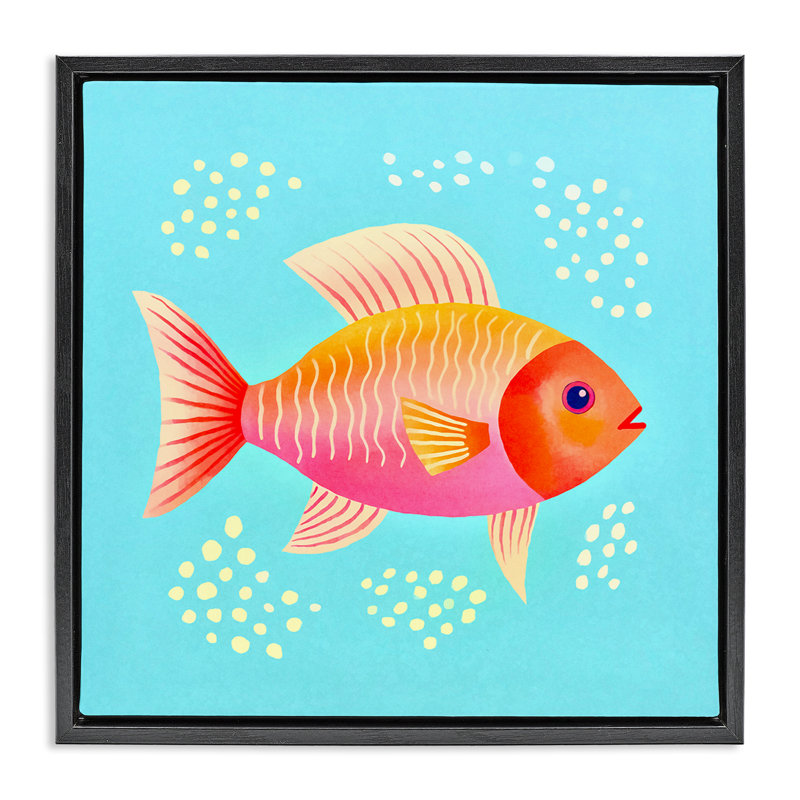 «Whimsical Orange Fish», art mural encadré flottant doré par Andrea Haase, Cadre flottant noir de jais, H 25 po x l 25 po