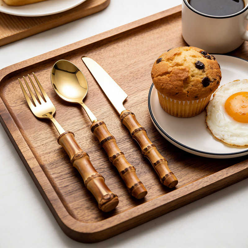 Ensemble de couverts en acier inoxydable avec poignées en bambou - Argenterie polie miroir pour la maison, le restaurant et les réceptions