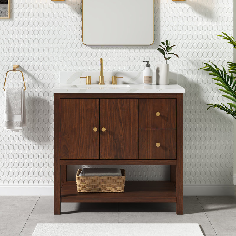 Zoe 36" Walnut Single Vanity with Matte Gold Hardware