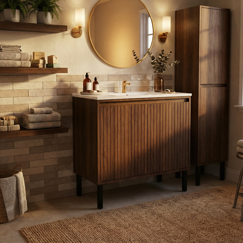 30" Convertible 2-In-1 Bathroom Vanity With Ceramic Sink, Wall-Mounted Or Floor-Standing Cabinet With Soft-Close Drawers (Walnut / Oak / Black)