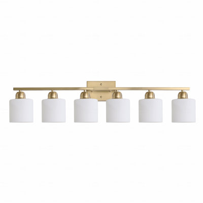Éclairage pour salle de bain 6 lumières or, abat-jour en verre blanc laiteux