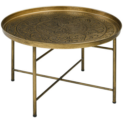 24" Round Coffee Table With Hammered Tray Top, Vintage Metal Center Table For Living Room, Bedroom, Side Table