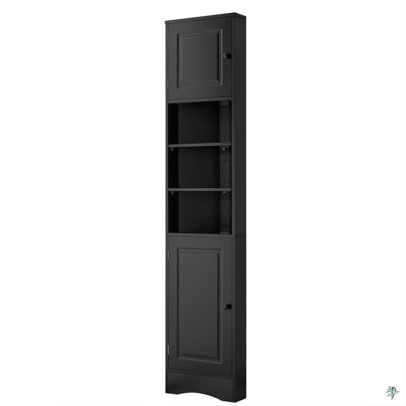 Multi-Functional Corner Cabinet Tall Bathroom Storage Cabinet with Two Doors and Adjustable Shelves, Open Shelf, Black