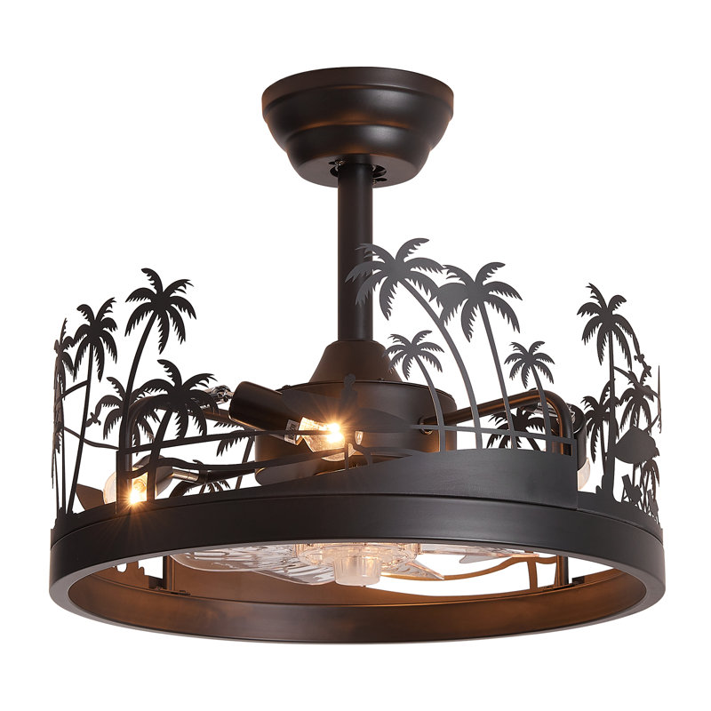 Ventilateur de plafond de 17,7 po à 4 lumières de style lustre en forme de palmier noir avec télécommande et moteur DC silencieux, réglable en hauteur