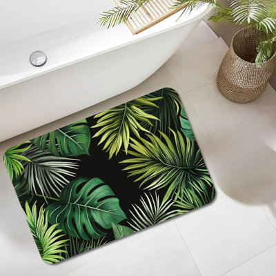 Bathroom Mat Rug Monstera Palm Leaves Patterned, for Master Guest Bath Floor, Kitchen Bathroom Sink, Non-Slip, Ultra-Thin, Absorbent, Quick Dry, Aesthetic Bath Mat, Rubber Backing, 16x24 in