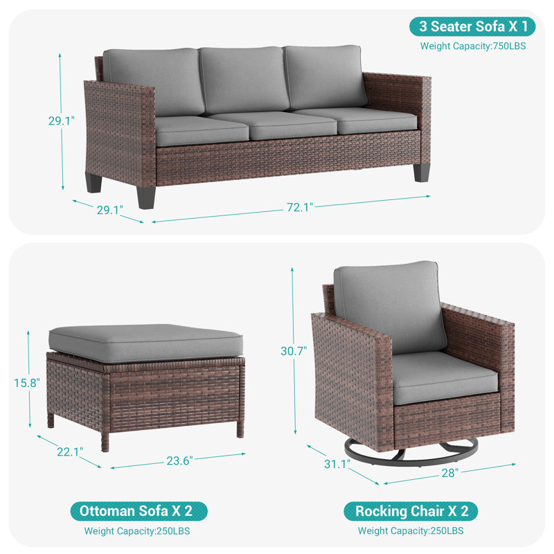Harloe 5 - Person Outdoor Swivel Rocking Chair Seating Group with Cushions, Gray, Brown