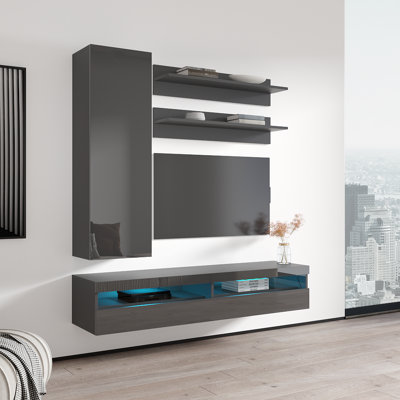 Baret 63" Modern Floating Wall Mounted Entertainment Center with 16-Color LED Lighting, High Gloss Finish