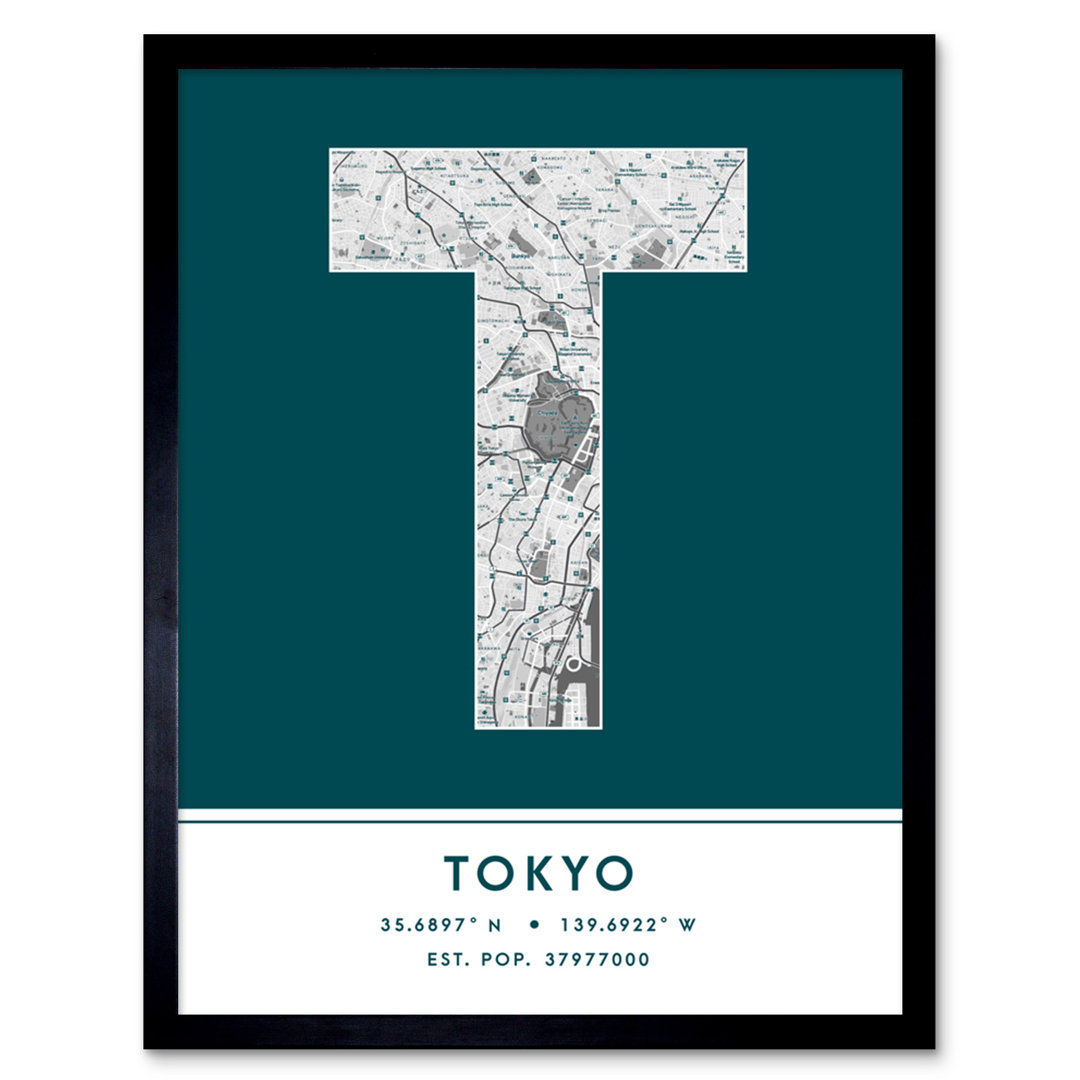 Tokyo City Map Tokyo Teal by Wee Blue Coo - Single Picture Frame Typography