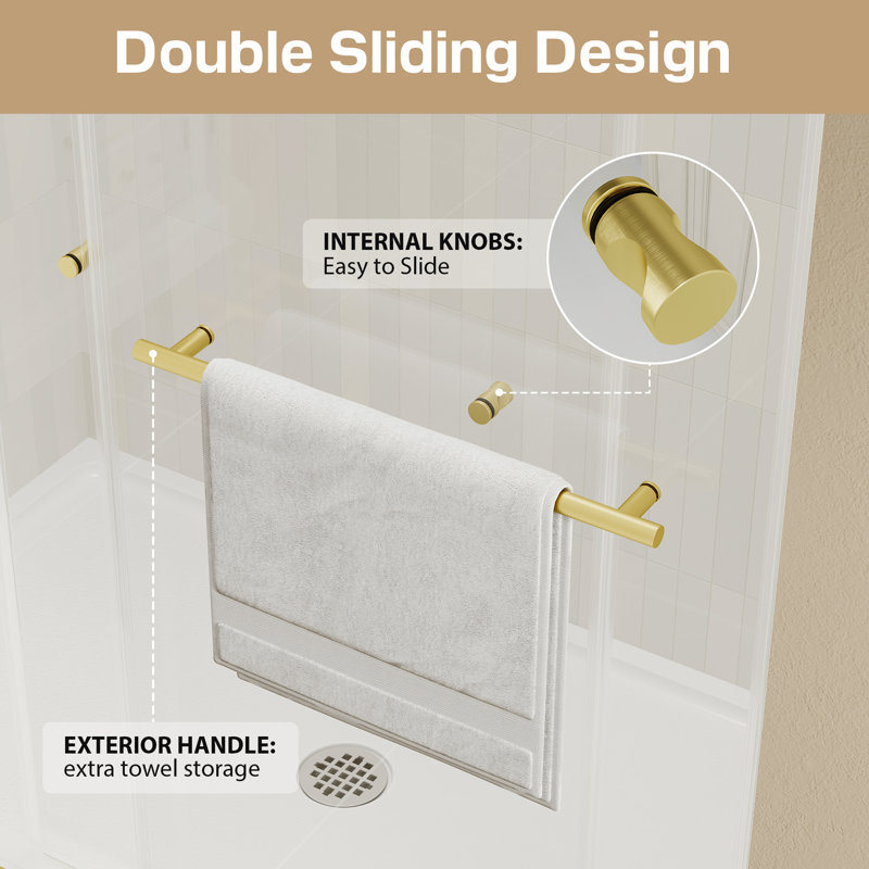 55" - 60" W x 76" H Double Sliding Frameless Shower Door with Clear Tempered Glass, Brushed Gold