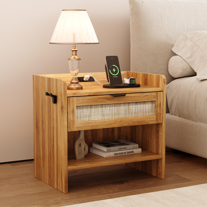 Table de chevet en rotin, ensemble de 2, table de chevet avec station de charge de type C - 1 tiroir et espace ouvert, table de bout Boho