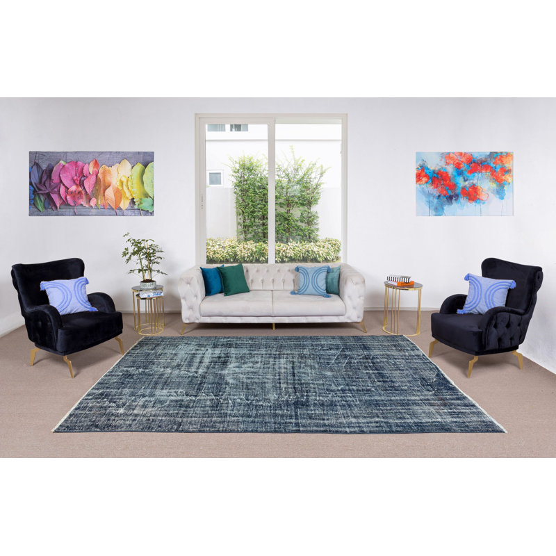 Tapis turc teint à la main de 6,2 x 10 pi de couleur bleu marine, idéal pour la décoration moderne de maison et de bureau