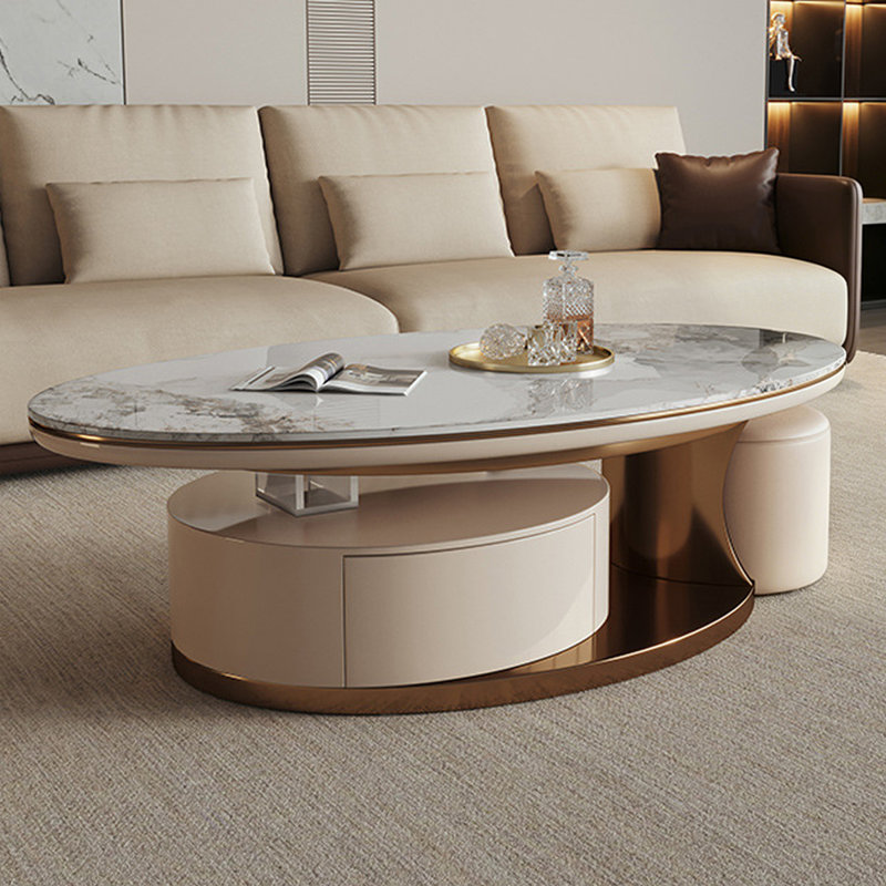 Table basse ovale en bois manufacturé en acier inoxydable, 16.54" H x 51.18" L x 27.56" W, Beige/Gold