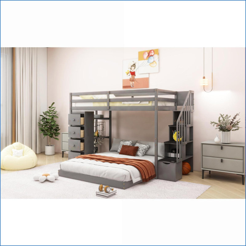 Lit superposé simple au-dessus d'un lit double en bois aggloméré avec panneaux de rangement et tiroirs d'escalier gris sans sommier