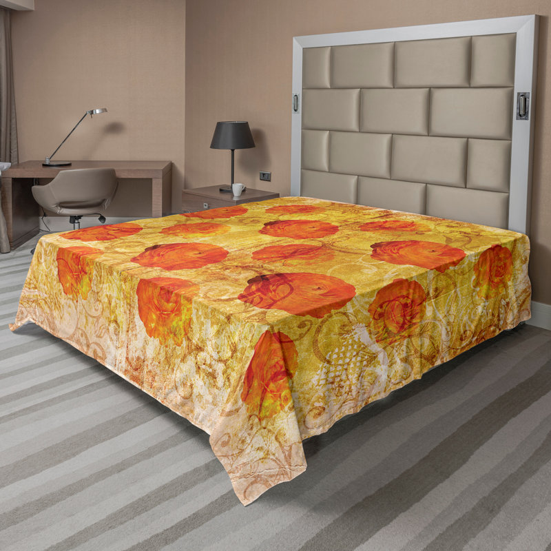Ambesonne Top Flat Sheet Curving Art, Full Flat Sheet, Mustard Tan and Burnt Orange Floral