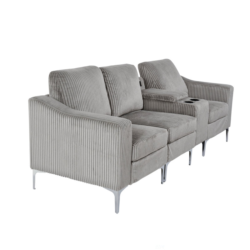 Convertible Sectional Corduroy  Sofa with Cupholders, USB,Three-seater, Grey Corduroy