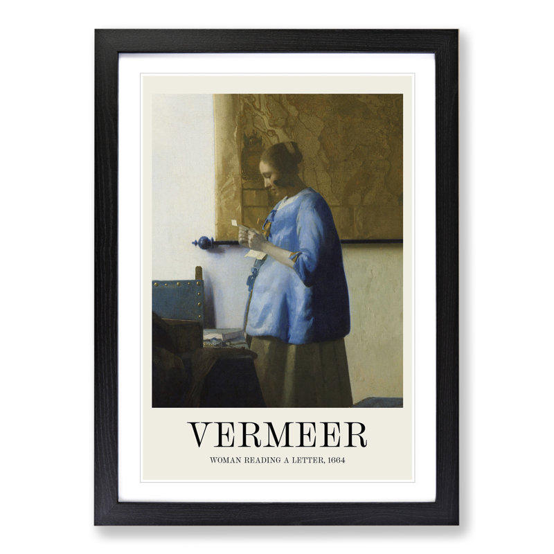 Woman Reading a Letter Print by Johannes Vermeer - Picture Frame Painting, 48cm H x 36cm W x 2cm D, Black