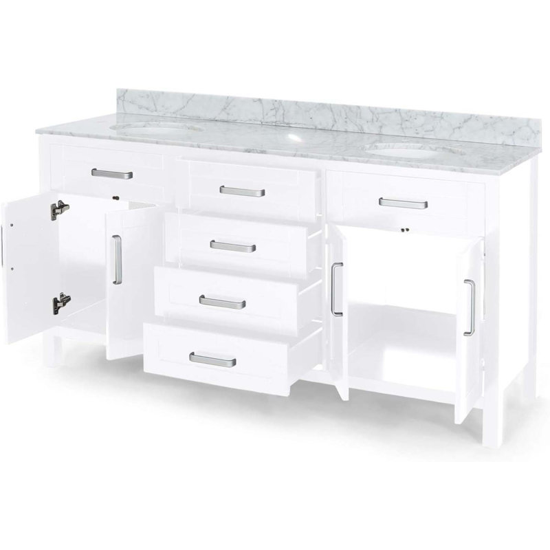 Meuble-lavabo 73 po avec comptoir en marbre et deux lavabos en céramique, 4 portes, 4 tiroirs, Blanc