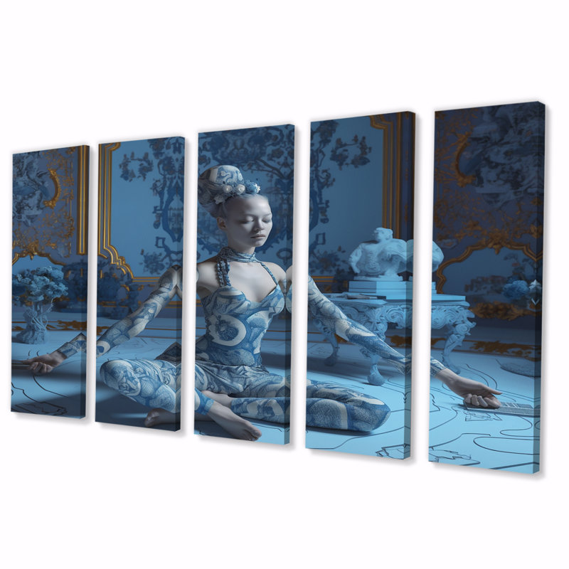Spiritual Elegance Blue Yoga Goddess I - Art mural de salon de yoga - 5 panneaux égaux