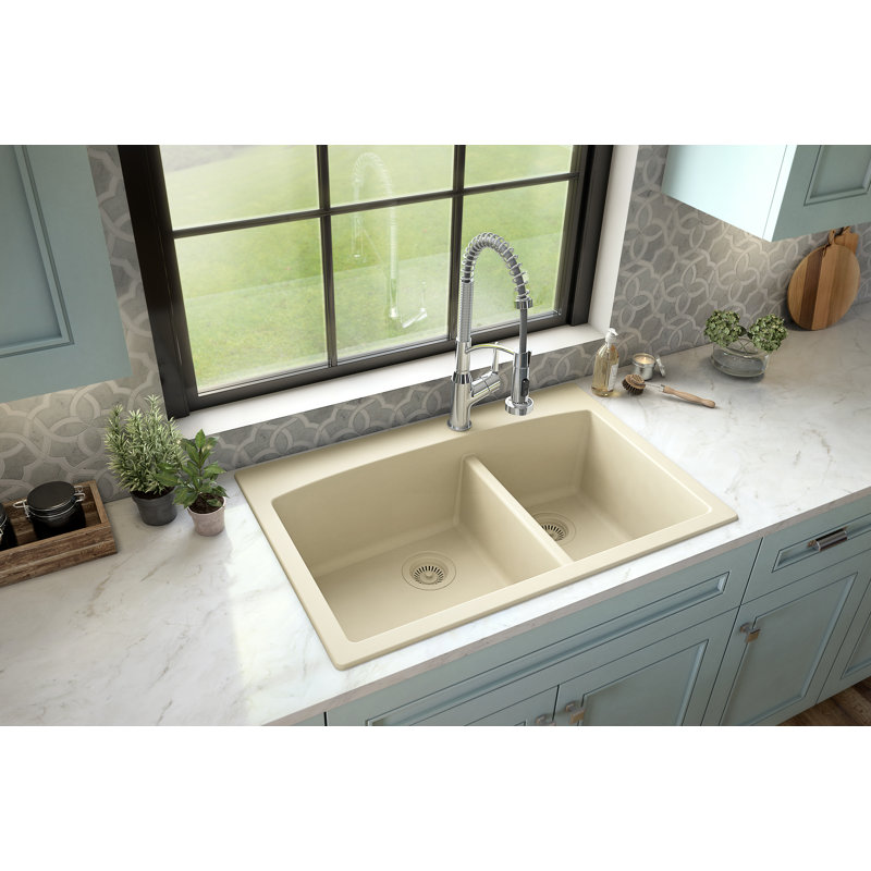 Karran Drop-in Quartz Composite 33'' X 22'' 1-Hole 60/40 Double Bowl Kitchen Sink, Bisque
