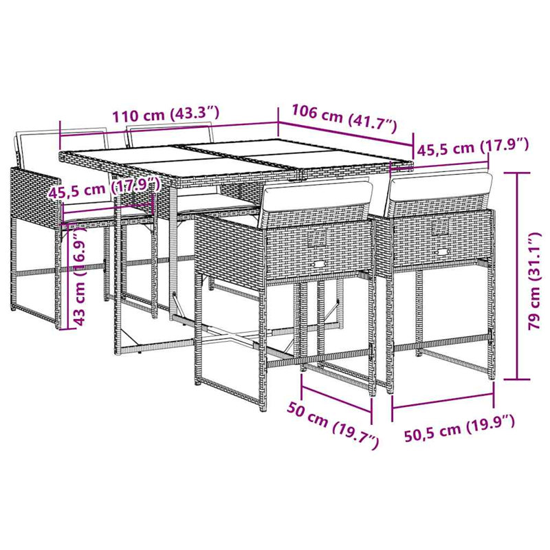 Patio Dining Set with, 73cm H x 110cm W x 106cm D, Black, 4