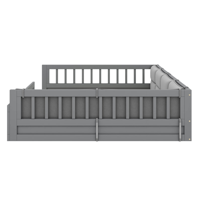 A Fully Upholstered Wood Platform Bed In Full Size, Complete With Safety Guardrails And A Complementary Pillow, Gray