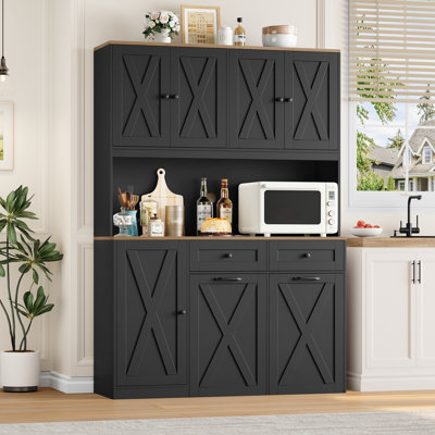 70.9" Kitchen Pantry Cabinet With Microwave Shelf & Push-Pull Trash Can Cabinet, Dog Proof Trash Can Cabinet