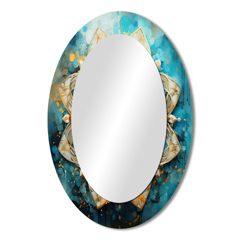 Mandala divin en or rétro et turquoise III - décor de miroir mural ovale doré, 36 po x 24 po
