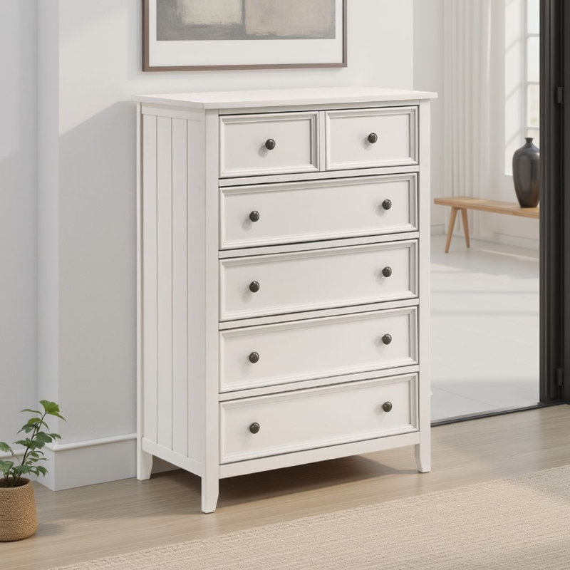 Commode haute Etgo, placage en mélamine blanche, 5 tiroirs