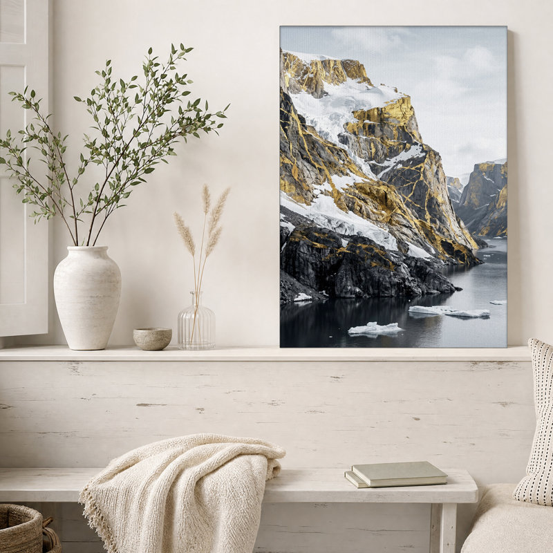 Art sur toile, falaises de montagne dorées avec neige et glace, H 24 po x l 16 po