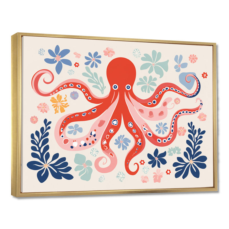 Illustration rétro de la pieuvre rouge océan profond - pieuvre / calmar, Toile flottante dorée encadrée, H 34 po x l 44 po