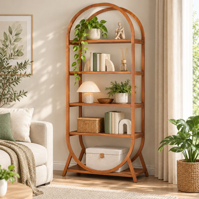 Étagère à 5 niveaux en forme d'arche, tablette ouverte en bois, bibliothèque autoportante avec rangement, étagère décorative haute pour salon, chambre, bureau et entrée, brun rustique