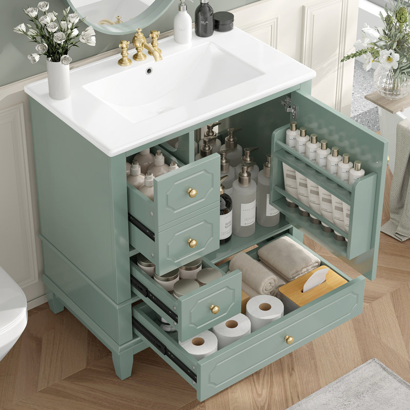 30" Freestanding Bathroom Vanity With Single Sink, 3 Drawers And Door Shelf, Vert