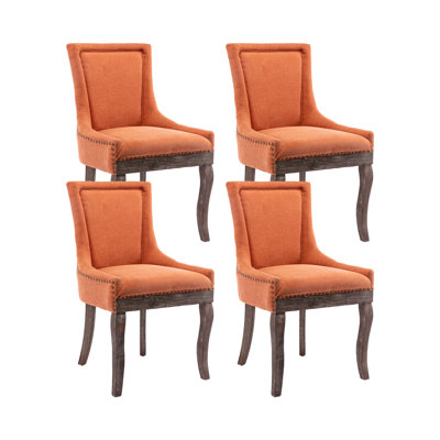 Ensemble de 4 chaises de salle à manger rembourrées, chaises de salle à manger en tissu, chaises de cuisine et de salle à manger, chaises de cuisine de ferme avec dossier haut, pieds en bois massif, garniture cloutée (orange)