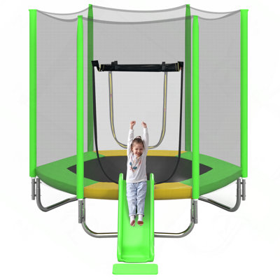7 ft Hexagon Outdoor Kids Trampoline with Safety Enclosure Net, Slide and Ladder, Purple