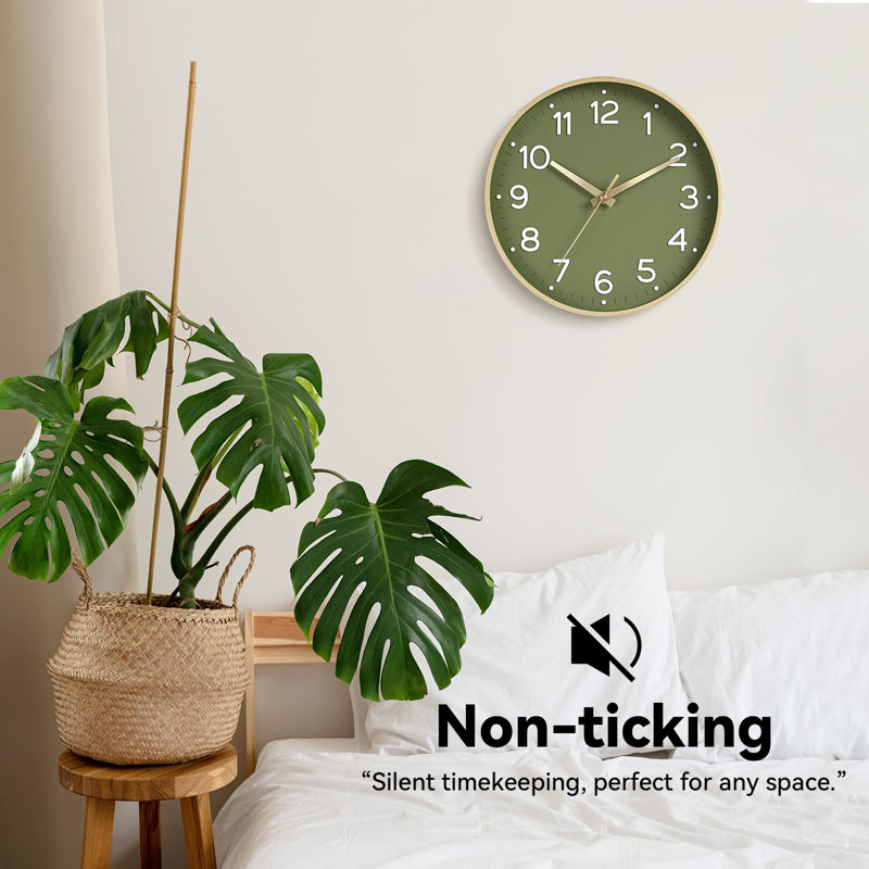 Horloge murale 14 po Horloge murale silencieuse verte à piles - Horloge analogique moderne sans tic-tac décorative pour le salon, la chambre, le bureau, la cuisine